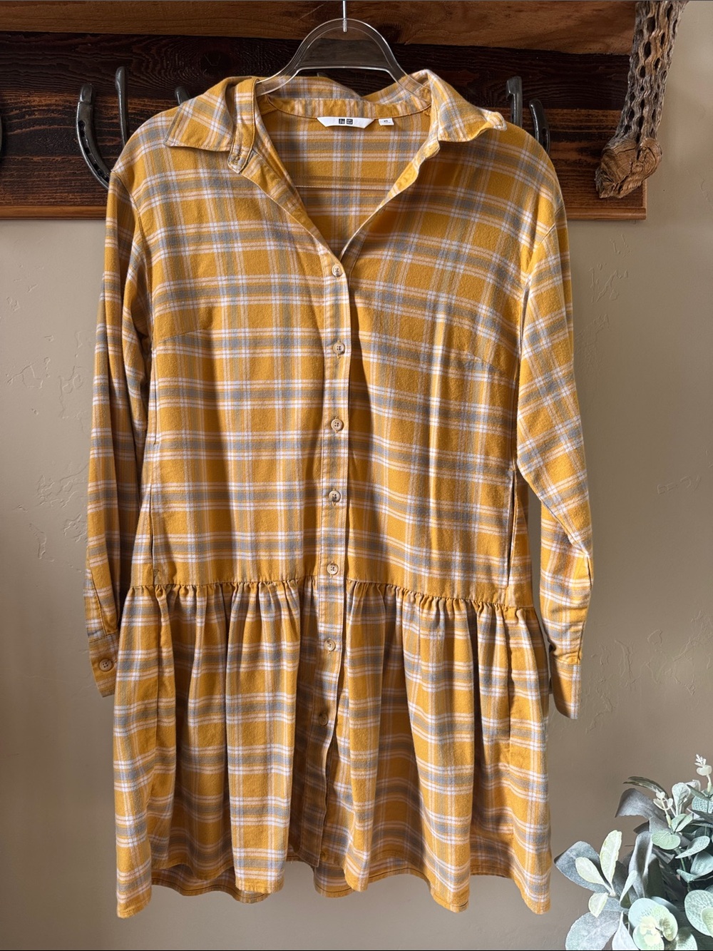 Uniqlo Mustard Plaid Button-Front Dress